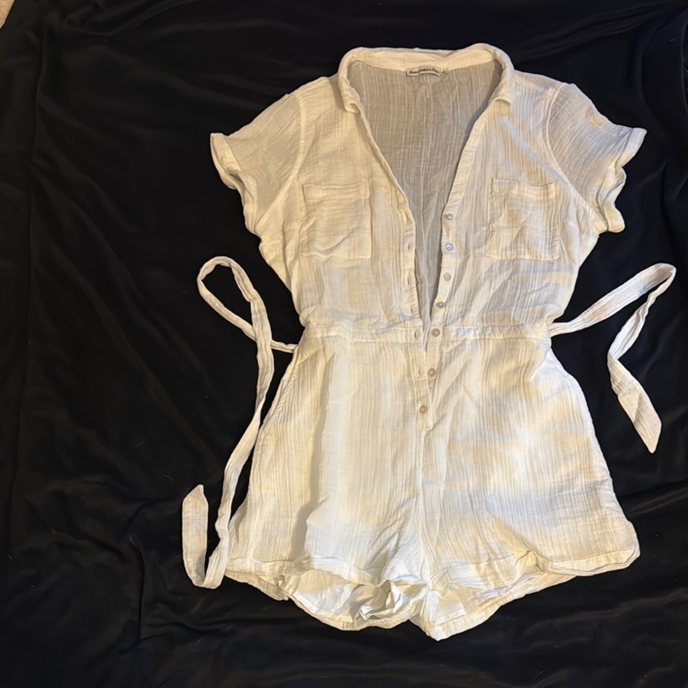 White Button-Up Romper with Tie Waist